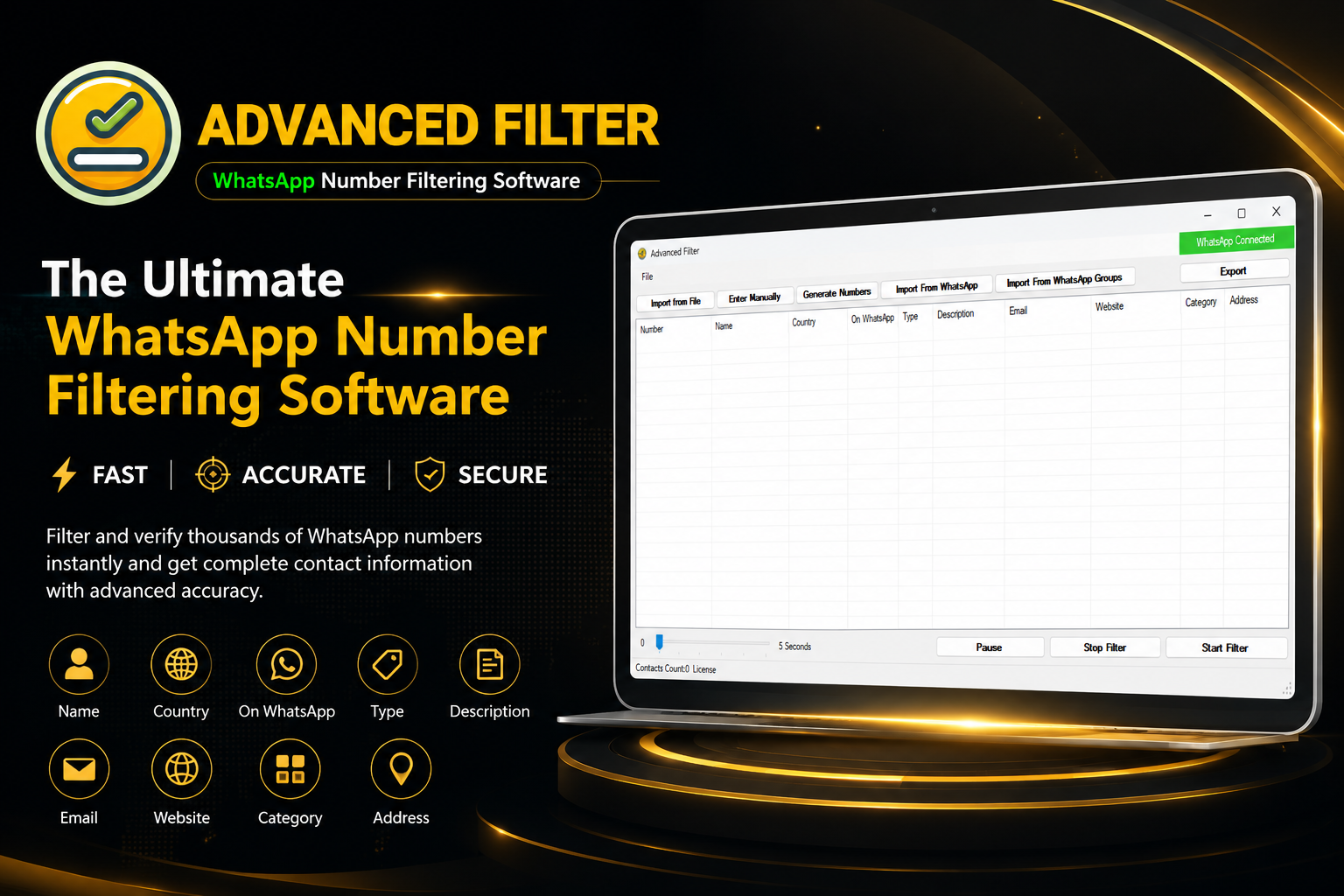 Advanced Filter landing page banner showcasing professional WhatsApp number filtering software with fast number verification, contact information lookup, and advanced admin panel for unlimited licenses, resellers, and administrators.